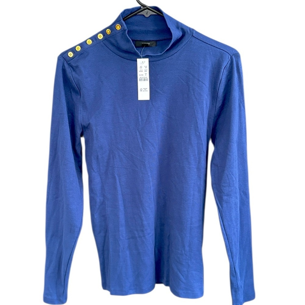 NWT J. Crew Perfect Fit Mock Neck With Gold Buttons Top Blue Size Medium